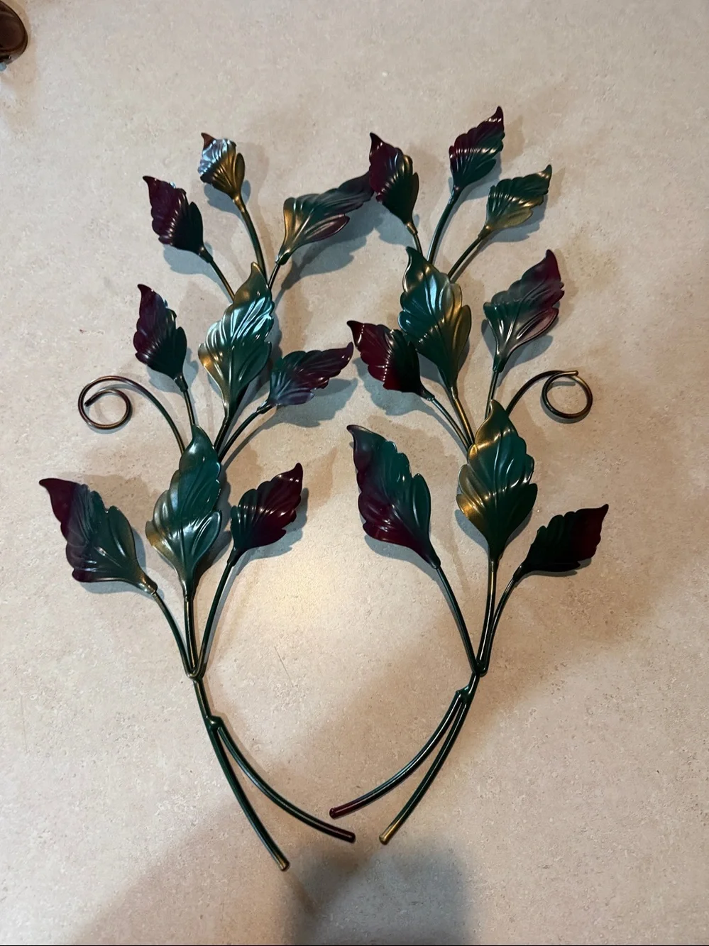 Vintage Decorative Metal Leaf Wall Accent in Green and Burgundy